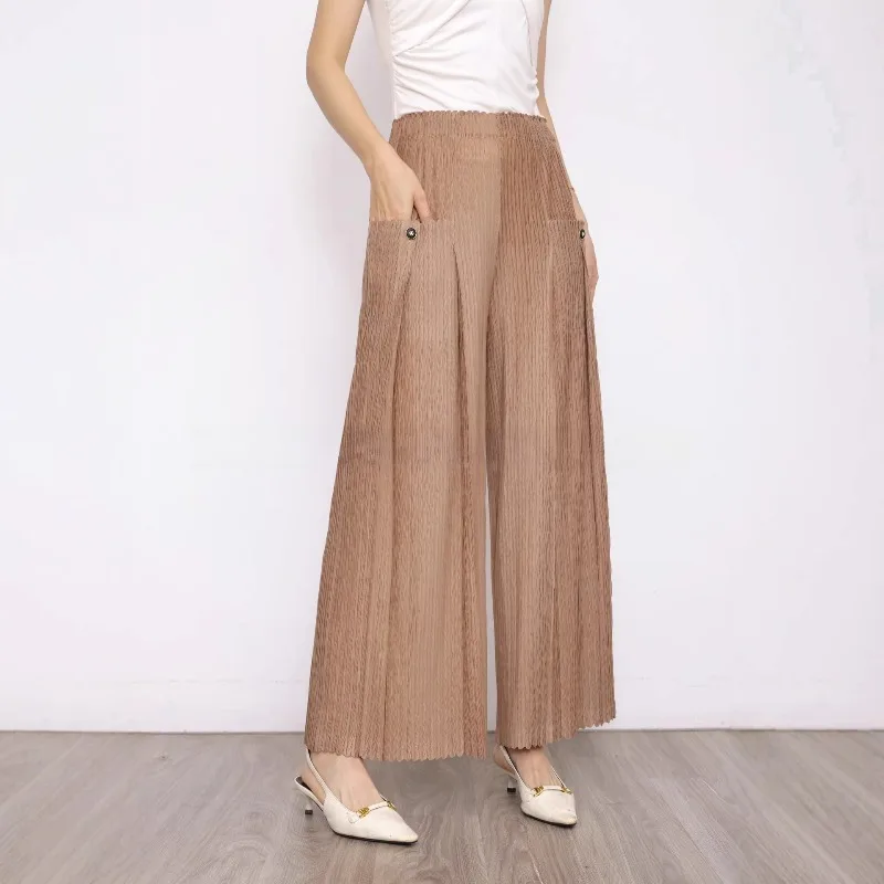 Miyake 2026 New Pleated Pants Loose Straight Trousers with Drape Elastic Waist Wide-Leg Pants Office Commute Wear Wrinkle-Free