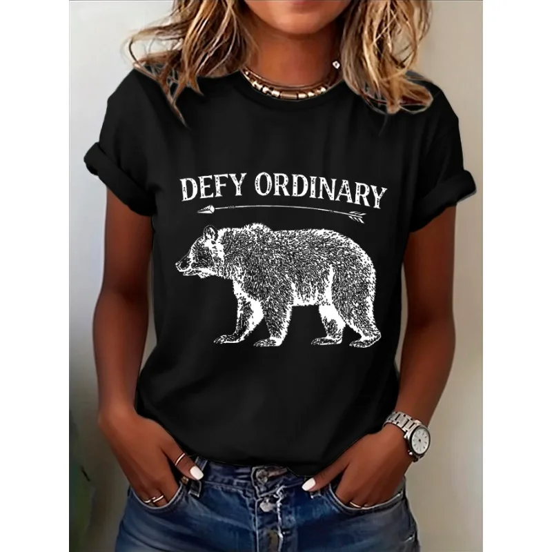 ilstile Defy Ordinary Bear Graphic Women's Bow Print T-Shirts Summer Short Sleeve T Shirt Casual National Parks Tees