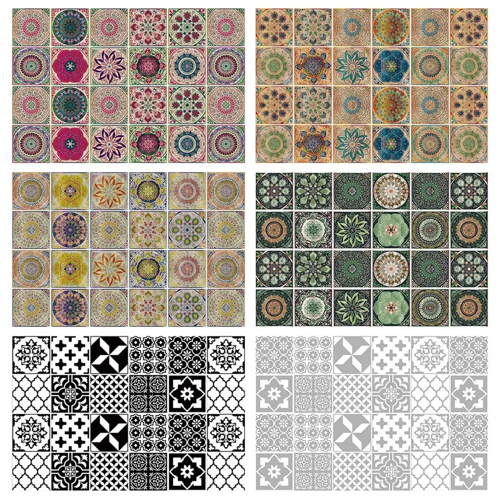 24Pcs/Set Mandala Style Ceramics Wall Sticker 10/15/20cm Vintage Tile Decoration Film Moisture-proof Self Adhesive