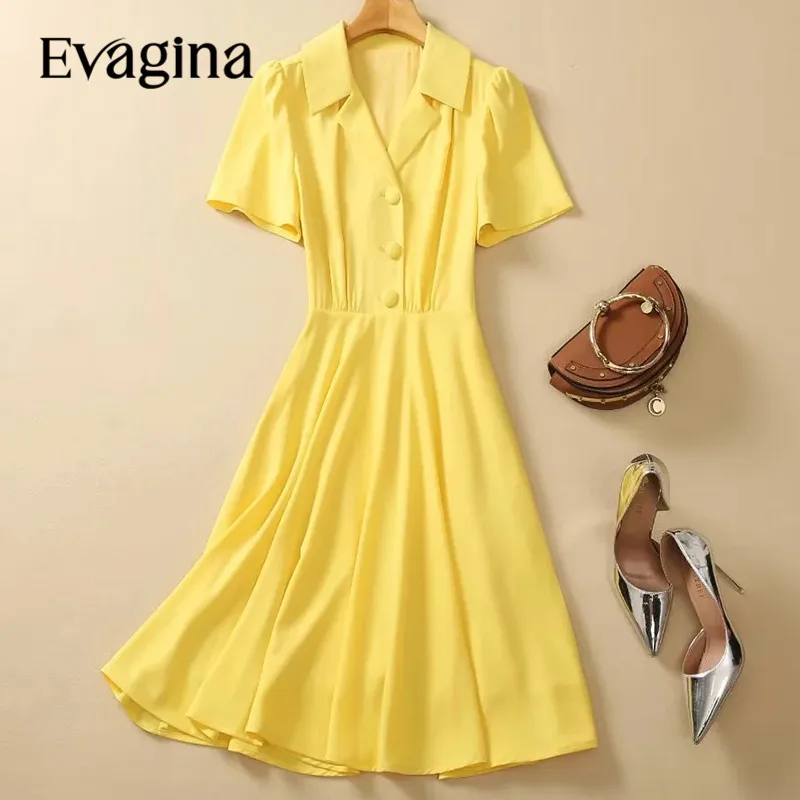 

Evagina Fashion Women's 2024 Spring New Suit Neck Short-Sleeved Single-Breasted Elegant Office Lady High-Waisted Mid MIDI Dress