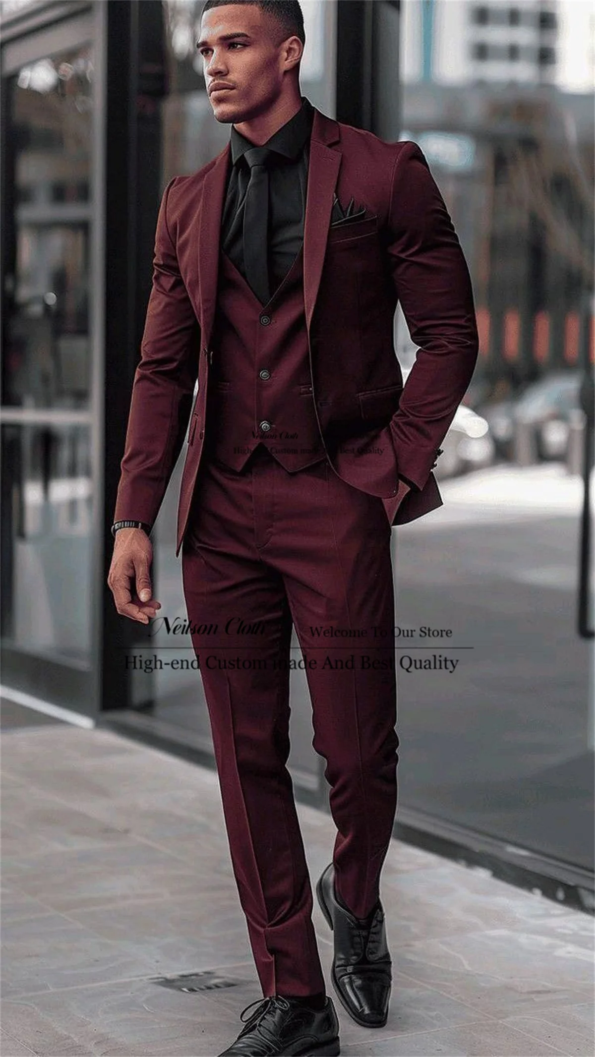 

Business Burgundy Male Prom Blazers 3 Pcs Sets Notched Lapel Groom Wedding Tuxedos Formal Slim Fit Customized Terno Masculino