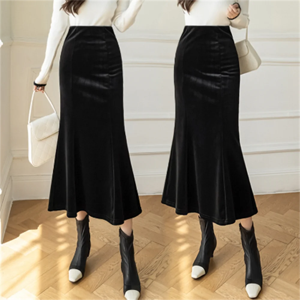 

Velvet fashion long fishtail skirt high waist black ol fashion