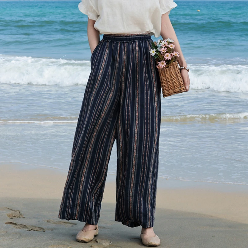 

100% Linen Women Casual Wide Leg Pants New 2026 Spring Vintage Style Striped Print Loose Comfortable Female Trousers M2333