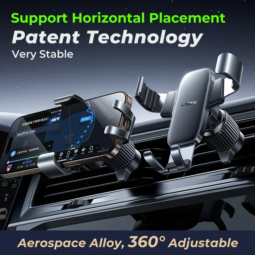 LISEN Nuovo arrivo Lega di alluminio Gravity 360 °   Supporto per telefono per presa d'aria per auto Mini design stabile anti-vibrazione per iPhone