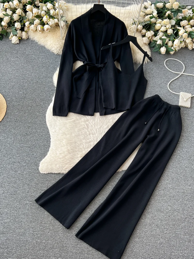 Autumn Knitted 3 Piece Set Women Loose Belt Cardigan+Tank Tops+Wide Legs Long Pants Female Korea Fashion Solid Sweater Suits New