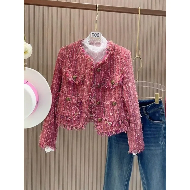 Pink Boucle Jacket Women's Outerwear Autumn Winter French Style Small Size Friendly Crew Neck Pattern Type Other