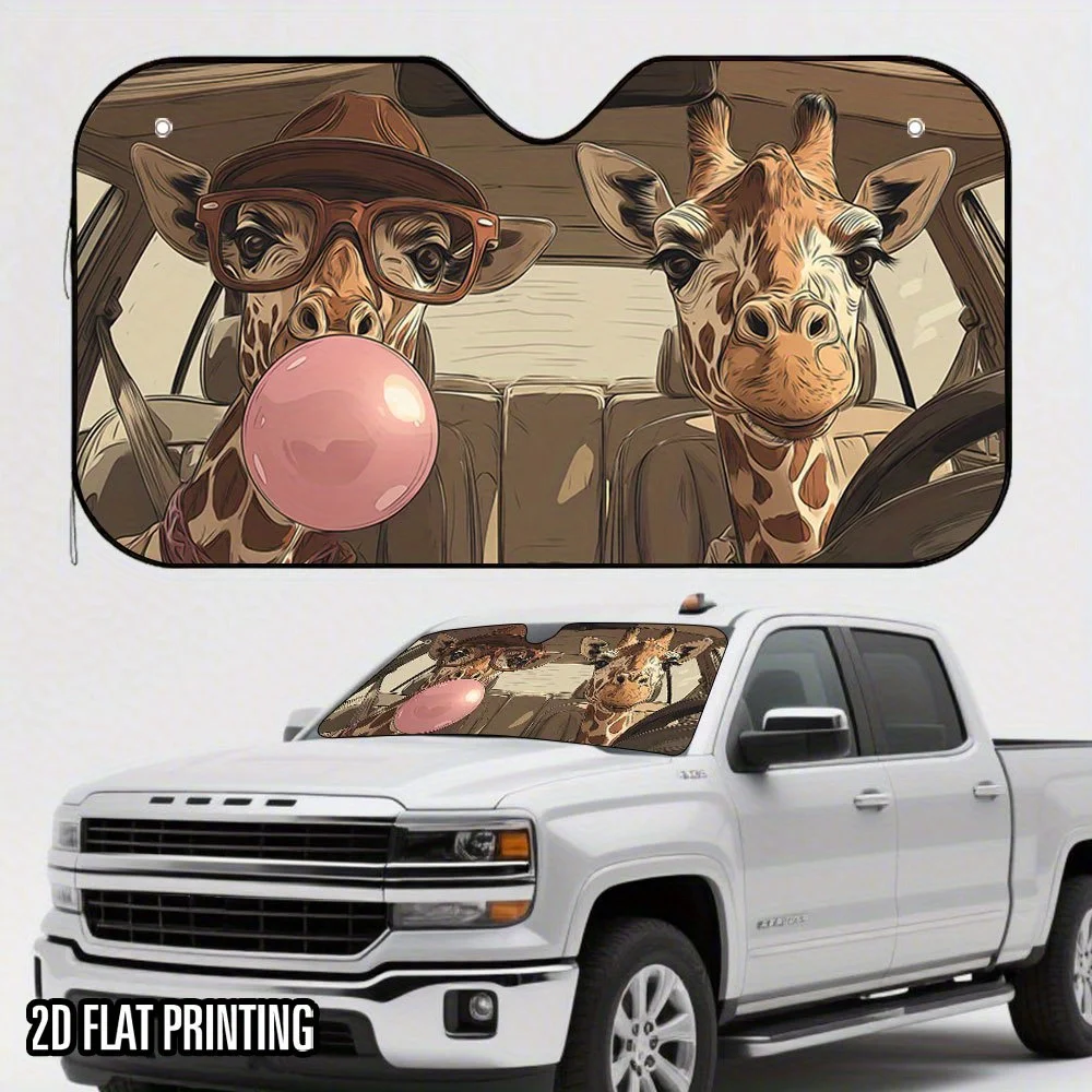 

1 шт. 2D солнцезащитный козырек с плоским принтом жирафа для вождения автомобиля с очками и пузырьковой резинкой - подходит для козырька переднего окна, 4 присоски, тепло-R