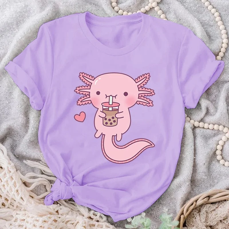 Cute Cute Axolotl Drink Boba Tea Graphic Print T-Shirts For Women Summer Lovely Short Sleeve Casual T-Shirts Funny Ladies Tops