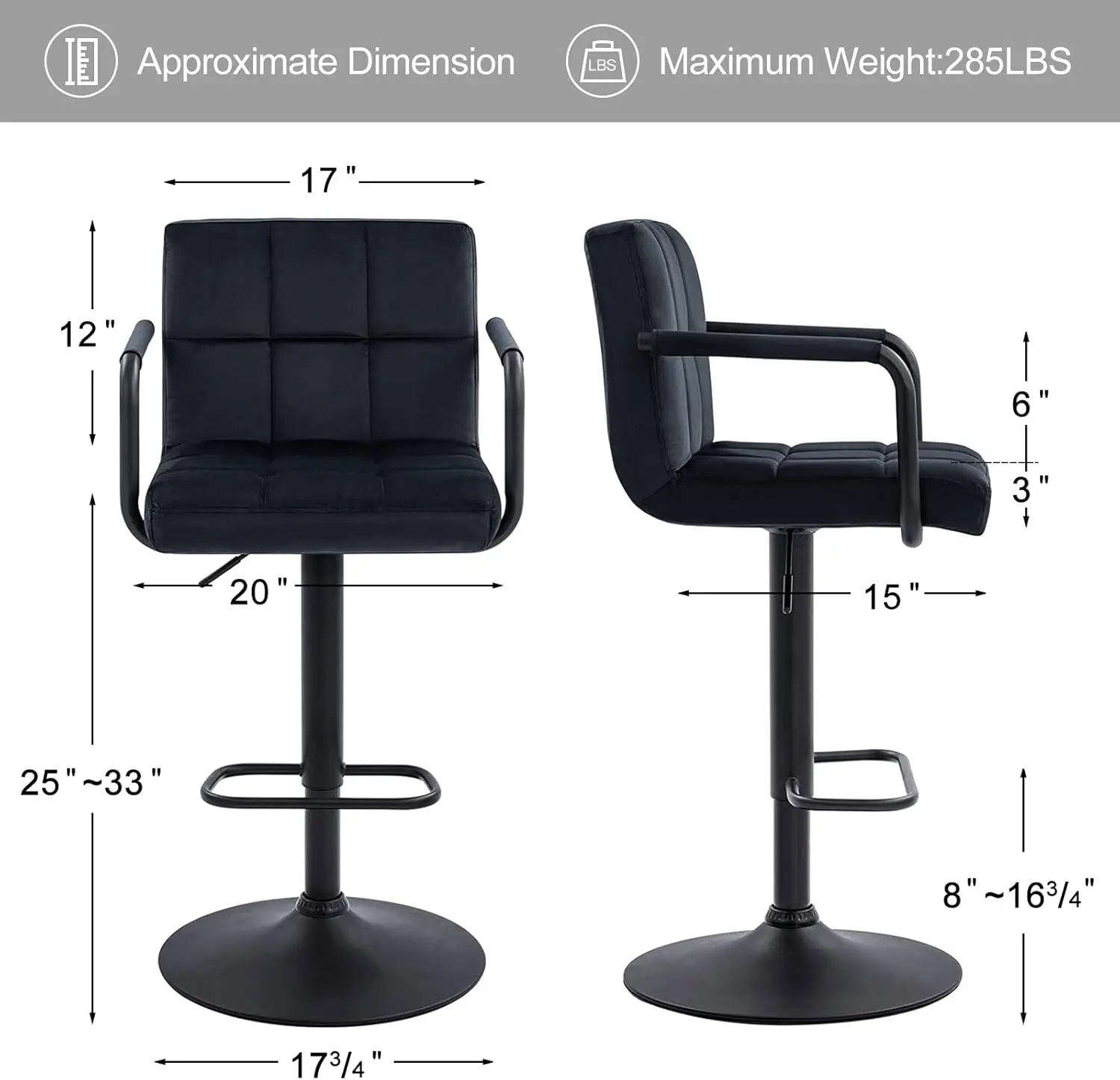 Adjustable Barstools with Back Black bar stools Set of 2 Velvet 360°Swivel Bar Stools Double Stitching Counter Stools