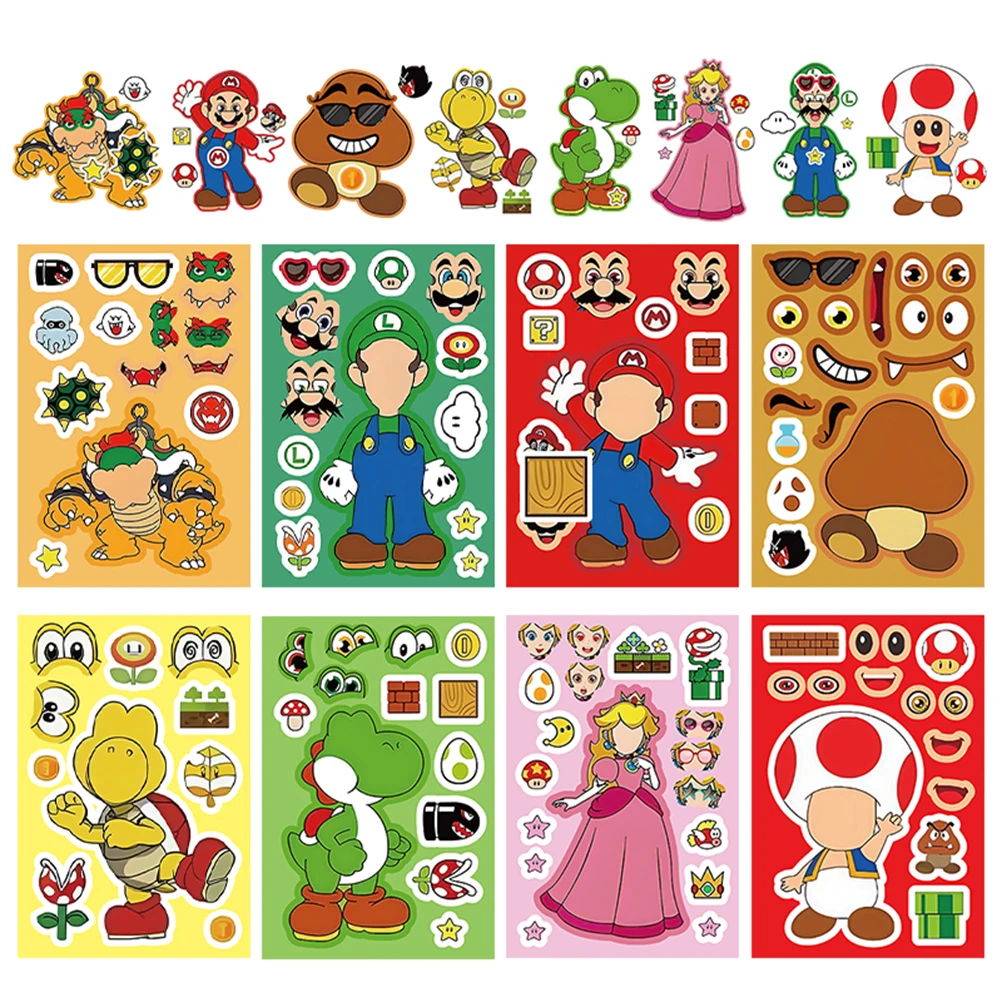 

8/16sheets Super Mario Bros Puzzle Stickers Game Kawaii Figure Make A Face Sticker Cute Cartoon DIY Funny Sticker Toy Kids Gift
