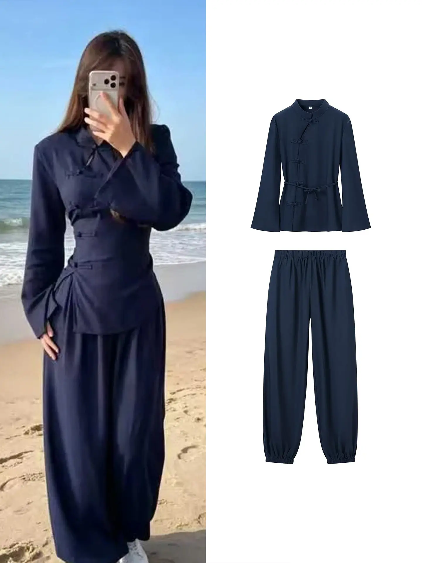 Autumn New Women's Long Sleeve Stand Collar Elastic Waist Casual Pants Set with Belt Knot Tummy Control Two Piece Suit