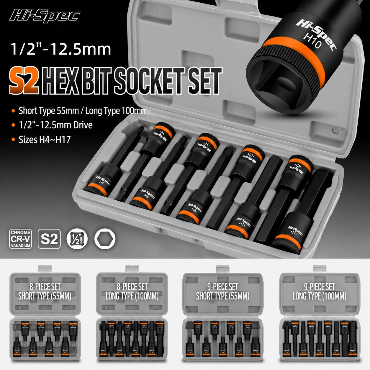 S2 Steel Hex Socket Bit Set 1/2 Inch Drive Extended Allen Bits for Power Drill Impact Driver Ratchet Wrench