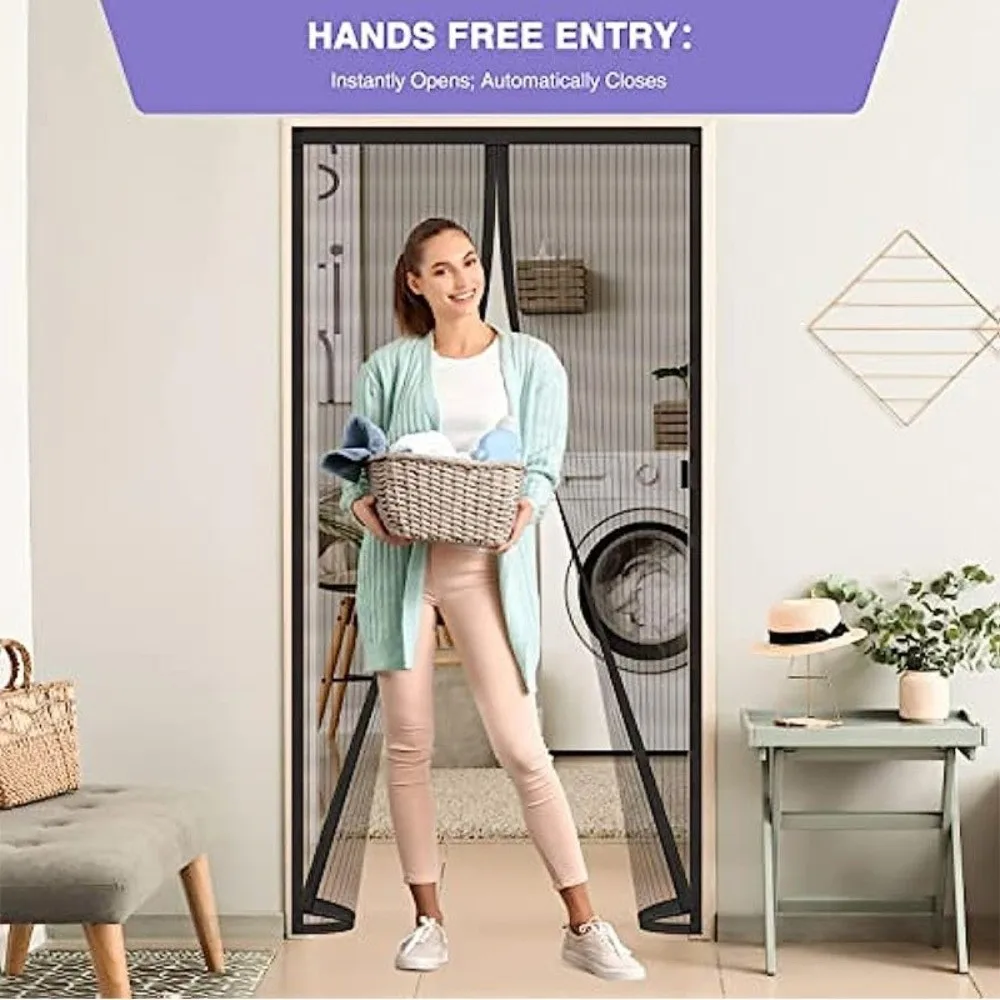 Self Sealing Magnetic Screen Door Striped Soft Net Heavy Duty Anti Mosquito Curtain Vertical Dense Breathable Insect Door Screen