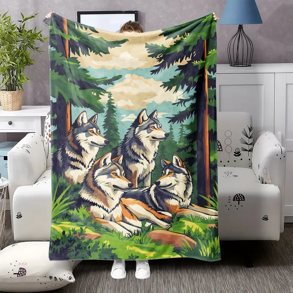 pc Wolf Family Pattern Flannel Blanket  Cozy AllSeason Soft Bedspread with Wolf Pack Design Contemporary Style MultiUse