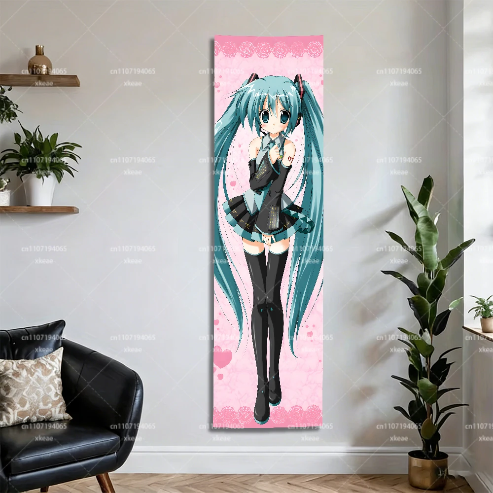 H-Hatsune Miku Vertikaler Wandteppich, Anime-Wandbehang, Raumdekoration mit rosa Rosenhintergrund – Detail 3