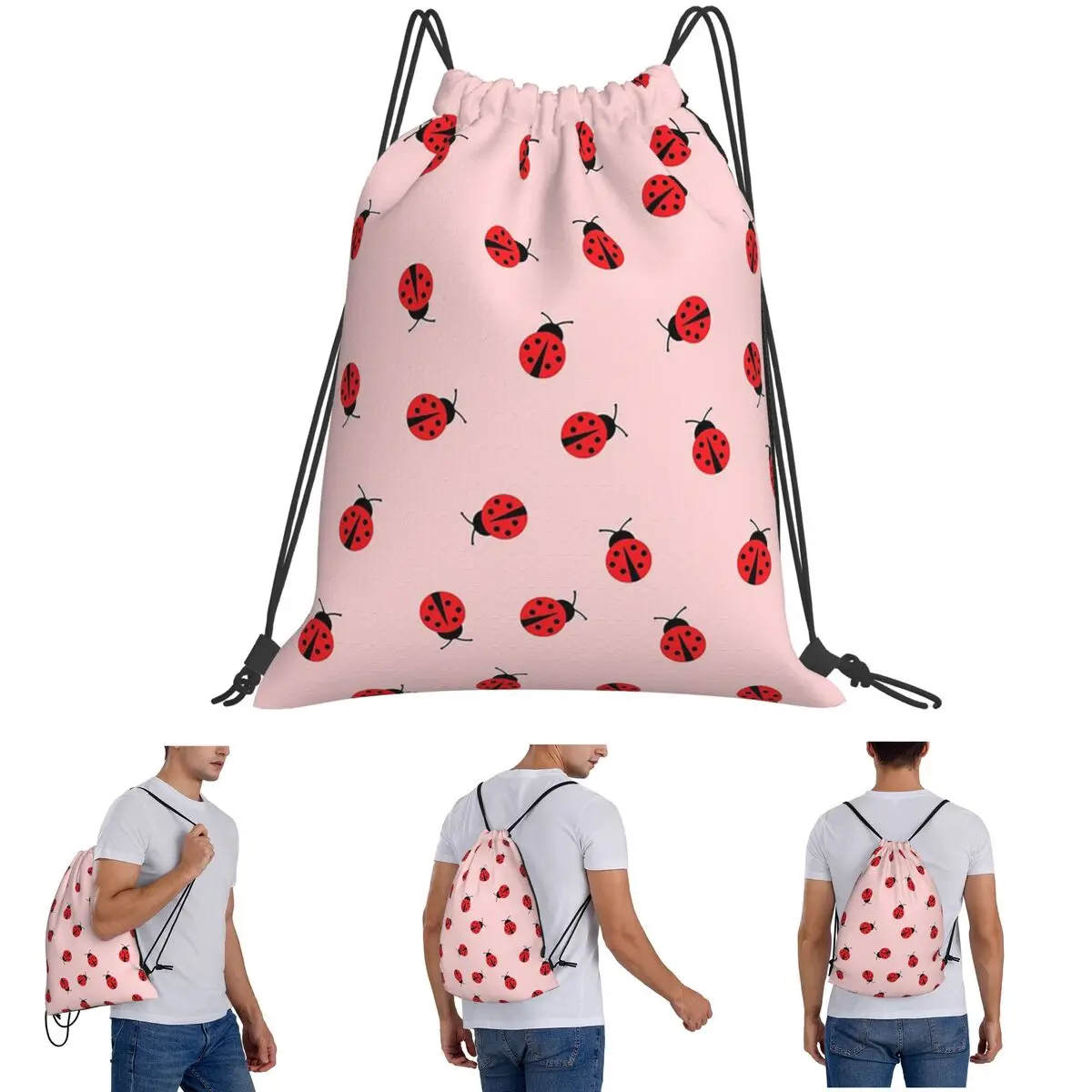Cute Ladybug Pattern On Pink Background Backpacks Multi-function Drawstring Bags Storage Bag Book Bags for Man Woman Students