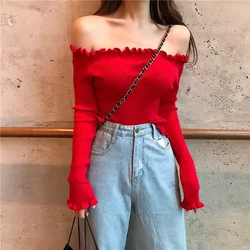 The Word Shoulder-Baring Sweater Slim-Fit Crop-Top Woman Sweaters Femme Chandails Pull Hiver