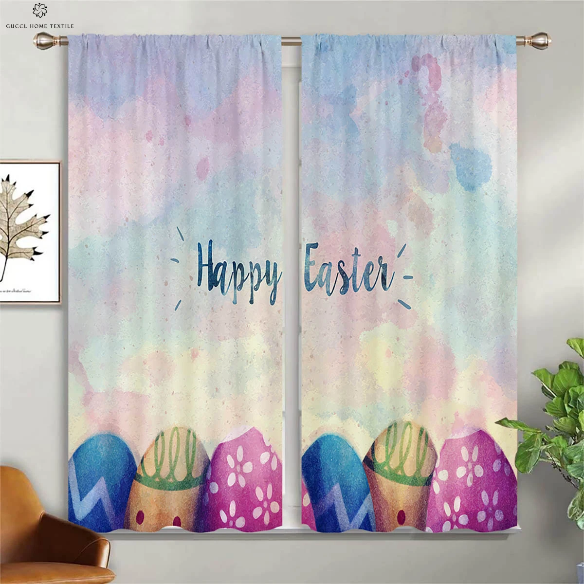 

2pcs Watercolor Colored Egg Chicken Easter Decorative Curtains Bedroom Living Room Kids Room Holiday Decorative Curtains