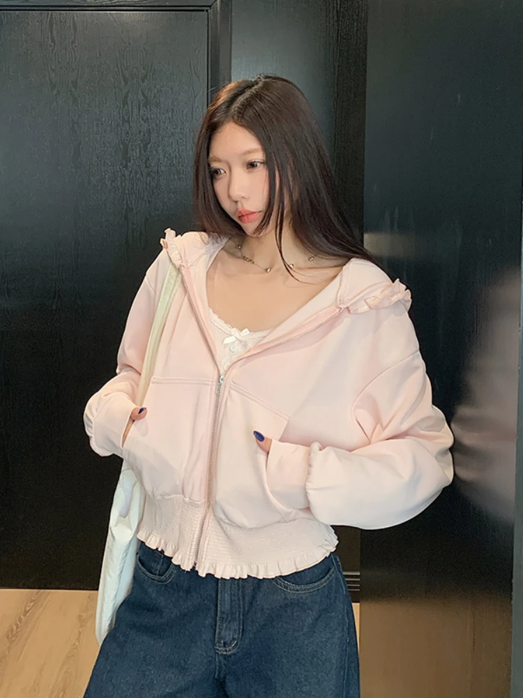 Sweat à capuche coréen doux Anti-âge avec fermeture éclair Jaet femmes printemps automne Faion vêtements d'extérieur oreille en bois longue Sve ouvert Cardigan haut