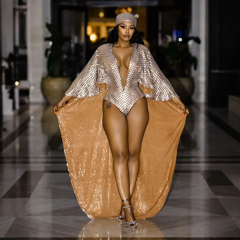 Women Fashion Shiny Metallic Gilding Shawl Bodysuits with Headband Sexy Deep V-neck Cape Sleeve Party Rompers Clubwear Tops