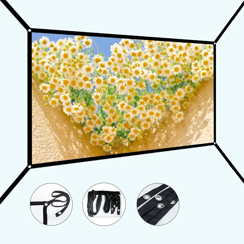 Extensão de tela de projeção de 150 polegadas. A nova tela com furos de suspensão estendidos é mais conveniente para pendurar.