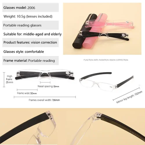 Imagen 2 del producto Pequeño portalápices ultraligero sin montura, gafas de lectura con estuche de tubo para bolígrafo, gafas de lectura de bolsillo portátiles para hombres y mujeres, presbicia