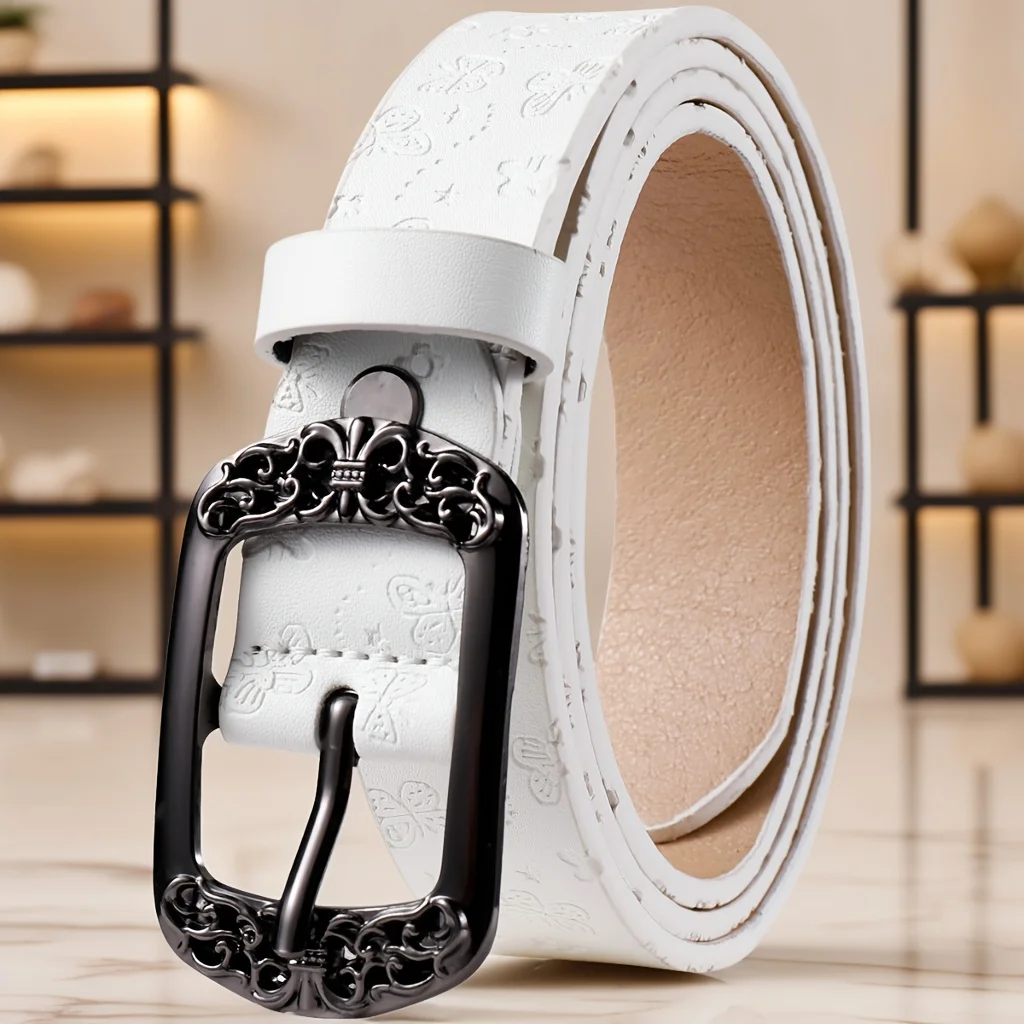 Butterfly printed leather belt with metal needle buckle adjustable waistband, suitable for jeans and daily wear