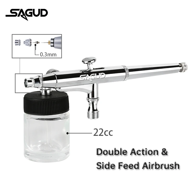 SAGUD Double Action Side Feed Airbrush Kit 0.3mm Spray Gun with 22cc Glass Bottle Sprayer for Art Model Hobby Craft Painting