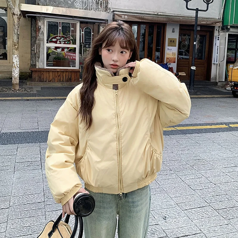 Parkas de muy buen gusto coreano para mujer, abrigos hinchados informales holgados y cálidos con bolsillo y cremallera, prendas de vestir de manga larga con cuello de piel dulce de retazos, novedad