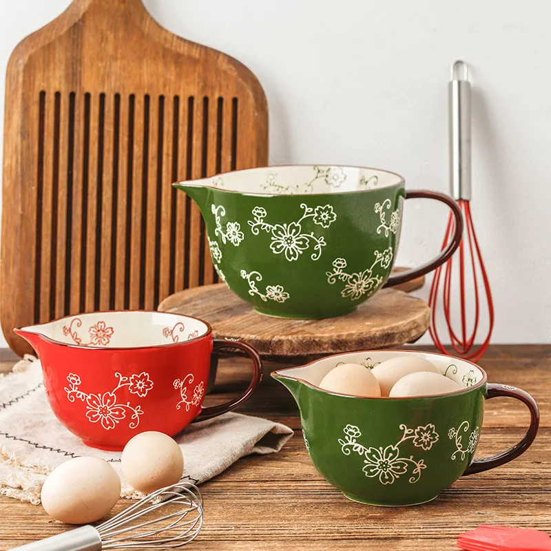 The Mixing Bowl Pointed Mouth Drainage Bowl Ceramic Kitchen Household Egg Bowl with Handle Mixing and Baking Supplies
