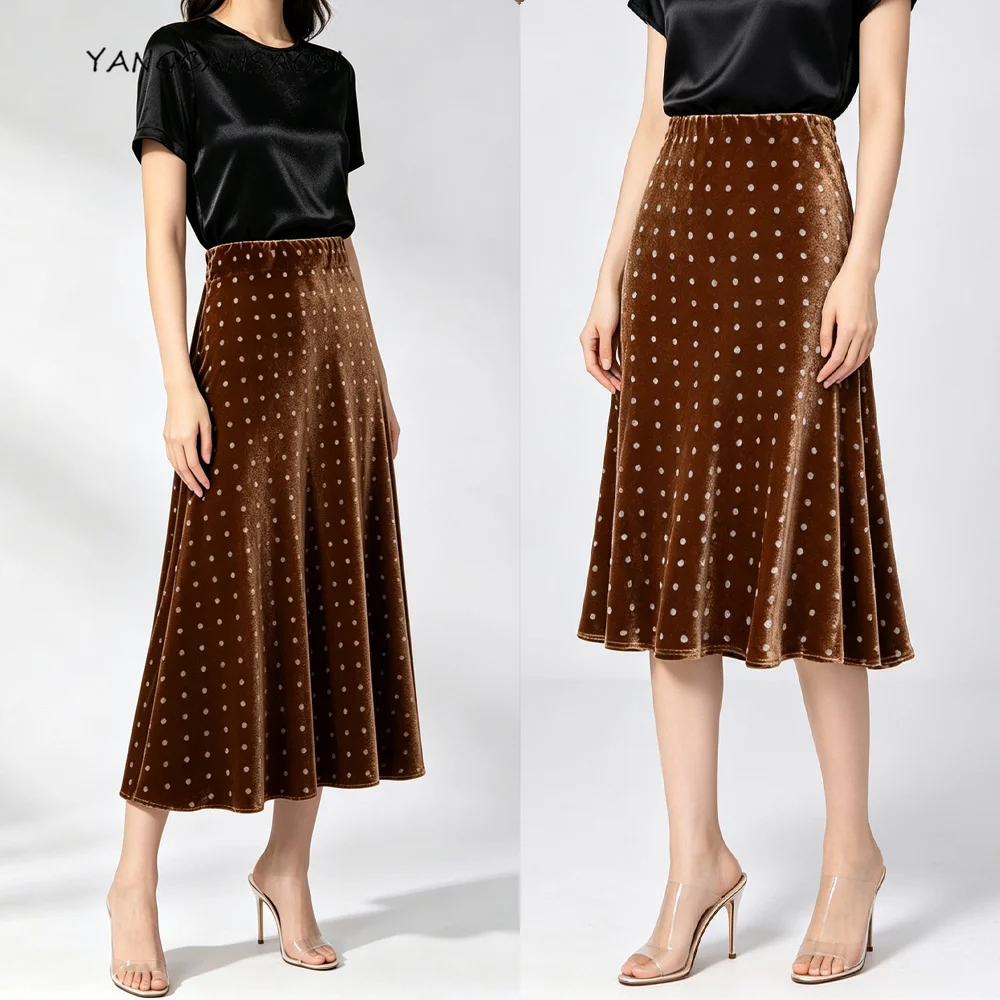 2026 Women's Fashion Autumn Clothing 30% Natural Mulberry Silk Velvet Retro Wave Point Diagonal Cut Elastic Waist Caramel Skirt