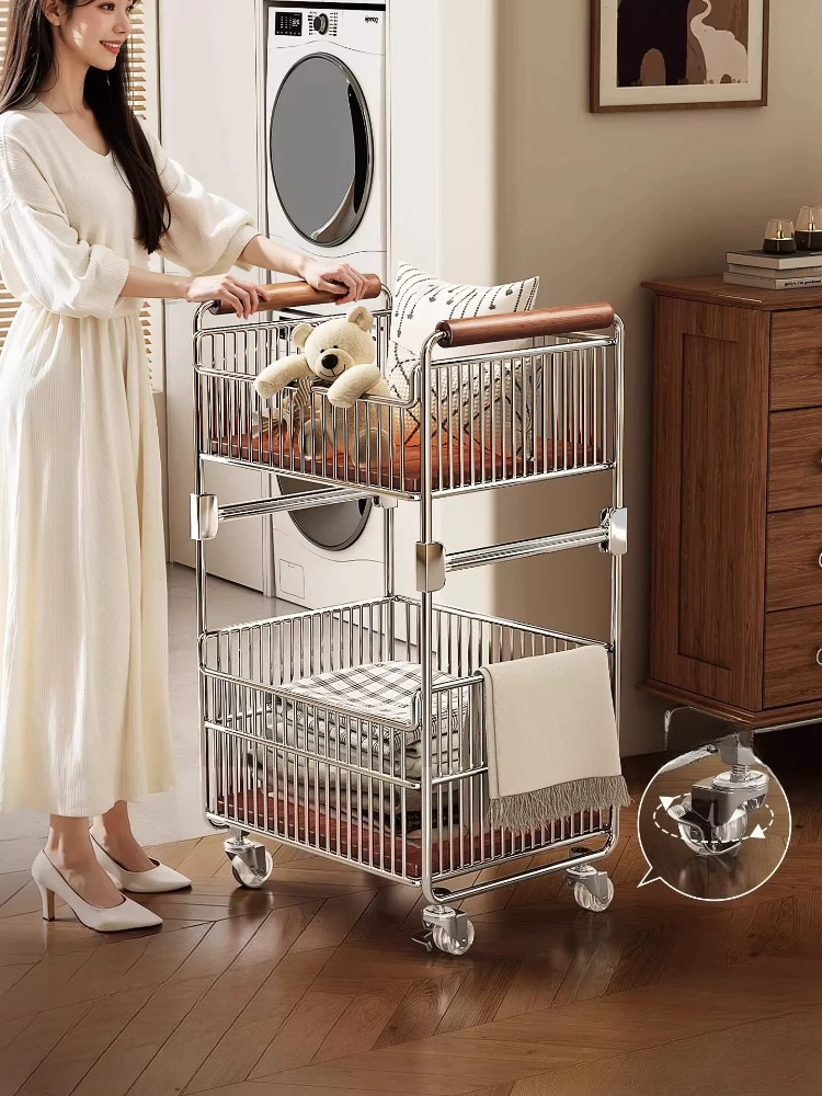 Bathroom Shelves Double-layer Laundry Basket Trolley Storage Basket Multifunctional Snack Rack Bathroom Laundry Basket Rack