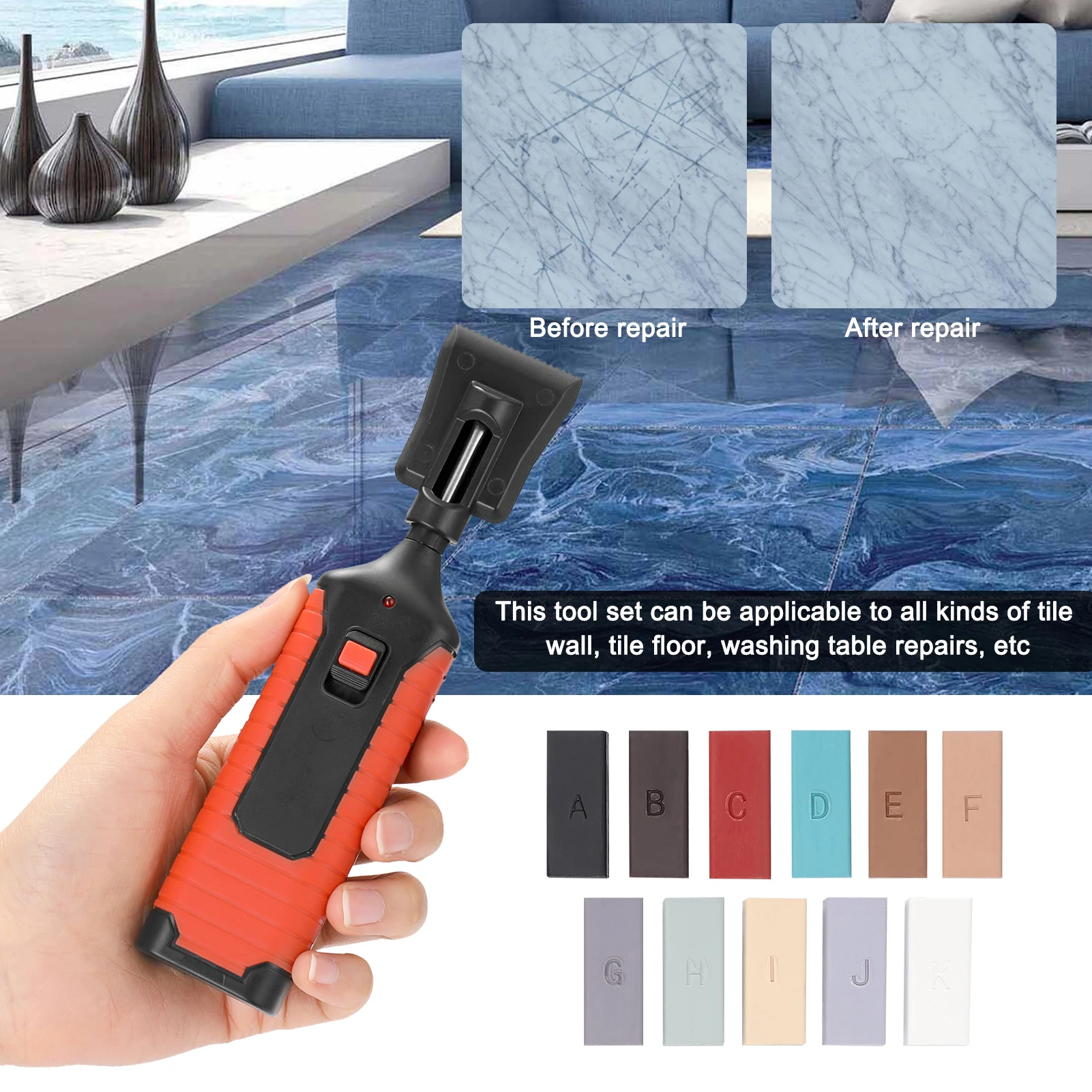 Laminate Tile Floor Repair Kit 11-Pc DIY Home Repair Set for Scratches/Cracks/Holes - Fast Fix with Wax Bars & Tools