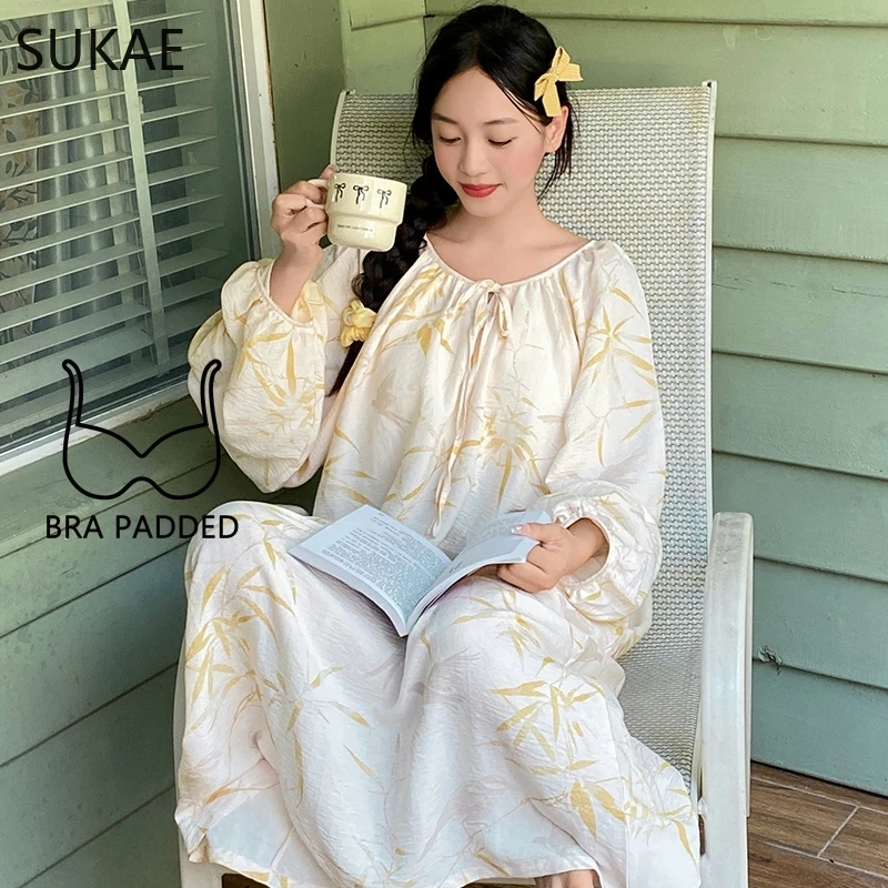 SUKAE Cotton Nightgowns for Women Autumn New Lady Long Gowns Fashion Elegant Nightwear Stylish Sleepshirt Casual Chic Girl Dress