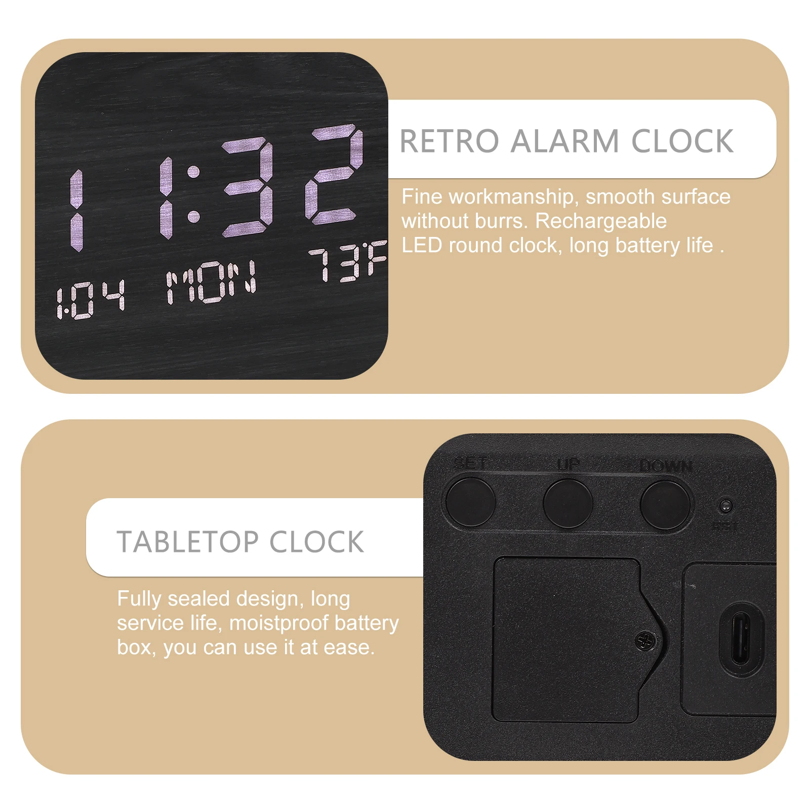 Multifunctional Wooden LED Rechargeable Digital Alarm Desktop Clock with Mirror Long Waterproof for Home