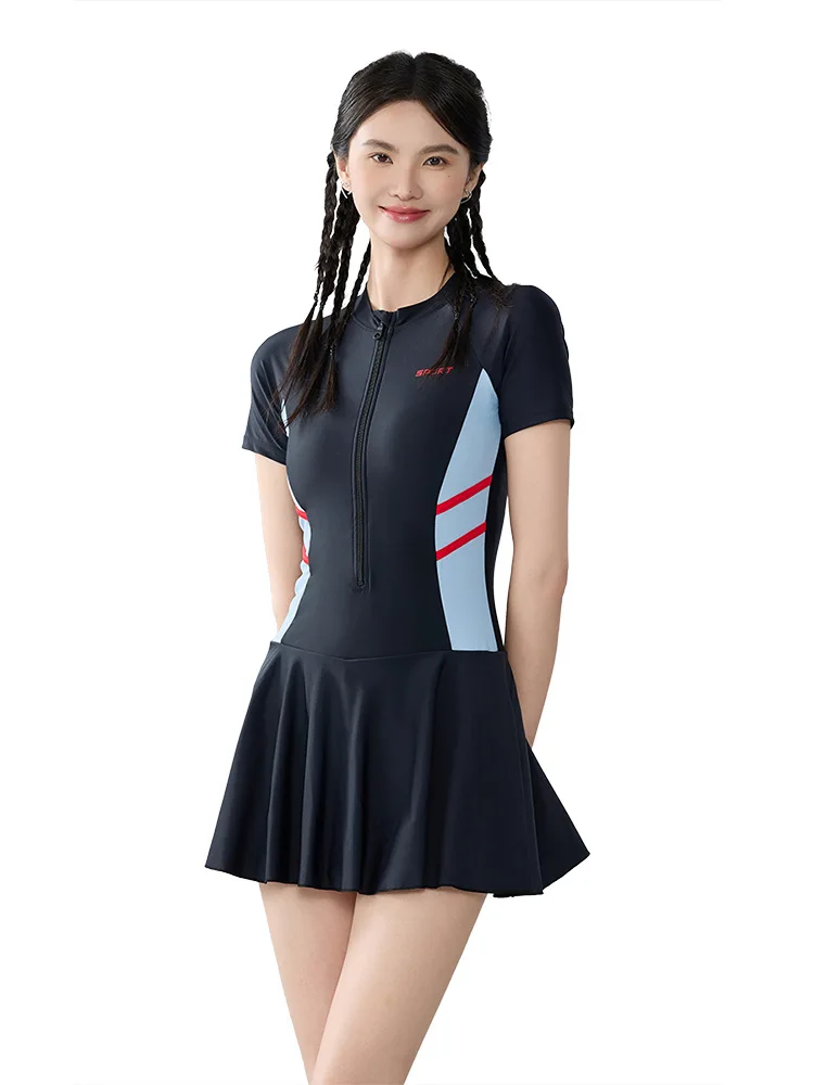 Swimwear Dress Women One Piece Short Sleeve Front Zipper Swimming Suit Swimsuit  Plus Size Beachwear Bathing Suit 5XL