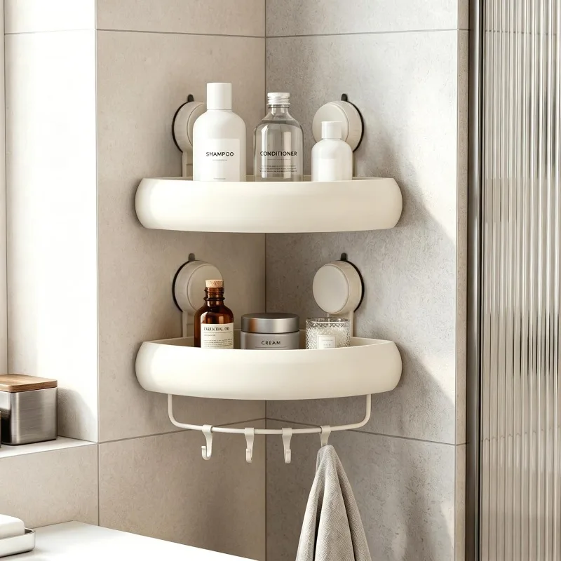 This shower rack is specially designed for bathroom corners, featuring double-layer curved trays, a bottom towel bar, and hooks. It can store shampoo, body wash, skincare products, toothbrush cups, towels, and other items