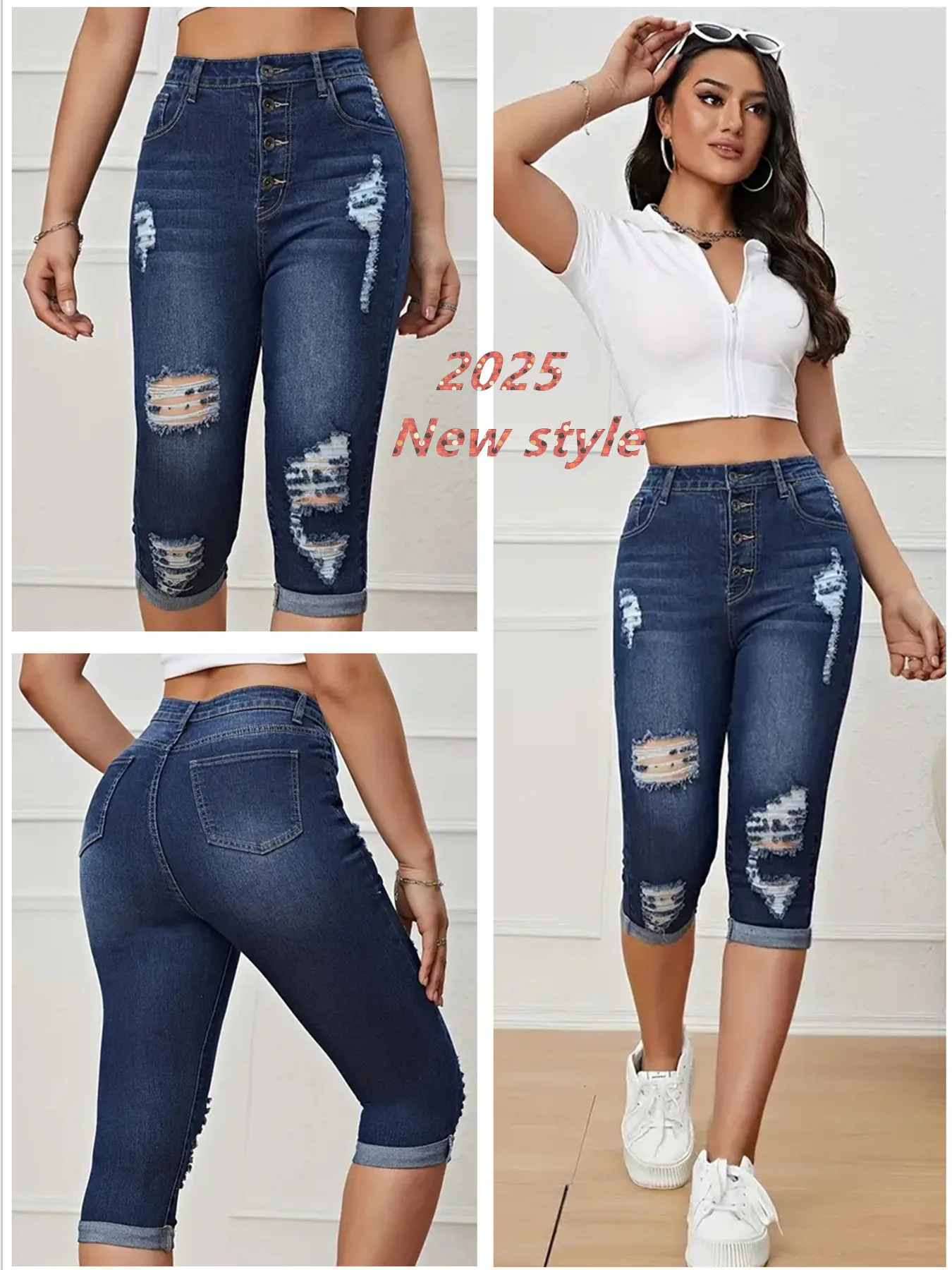

Women's High Waisted Distressed Denim Pants Stretchy Slim Fit Ripped Cropped Jeans Rolled Cuff Button Fly for Summer Streetwear