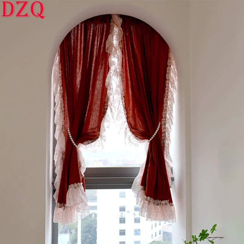 

Idyllic French Pink Lace Eage Curtains for Kitchen Warp Ruffled Red Tulle Curtains for Living Room Lace Roman Curtains #A540