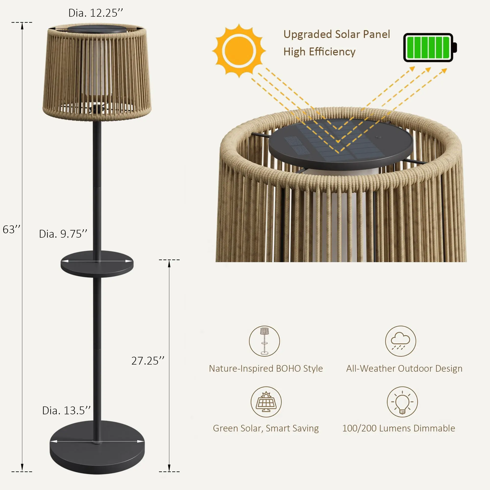 63" Solar Wicker Outdoor Floor Lamp 100/200LM Dimmable,Natural image 2
