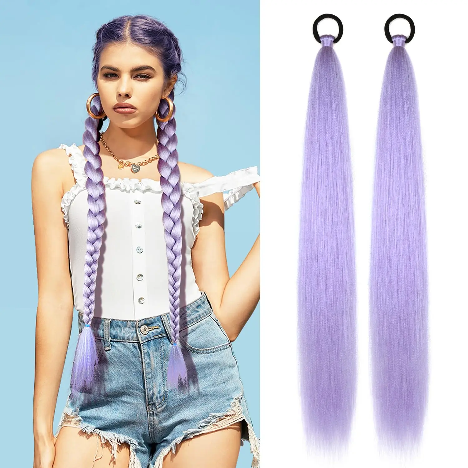 Synthetic Colorful Ponytail Extension 2Pcs Long Straight DIY Braided Pony Tail Hairpiece with Rubber Band Women Hair Accessories