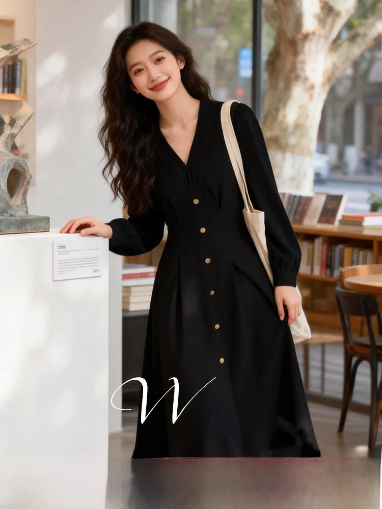 

plus Size V-Ne Single Button Waist-Cinching Dr Spring 2026 Casual Sle Polyester Fiber Long Sve A-Line Dr