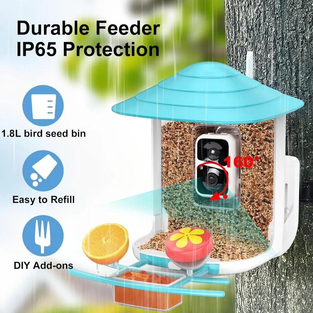 Smart Bird Feeder with Camera+Solar Panel 32GB Card 4-in-1 Perch, 160°View 1080P Auto Detect & Notify, 10000+ Bird Watching