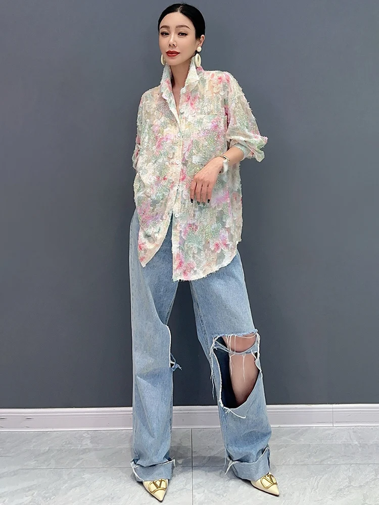 SHENGPALAE 2024 Summer New Butterfly Color Block Fashion Versatile Female Blouse Single Casual Large Women Shirt Clothes 5C1264