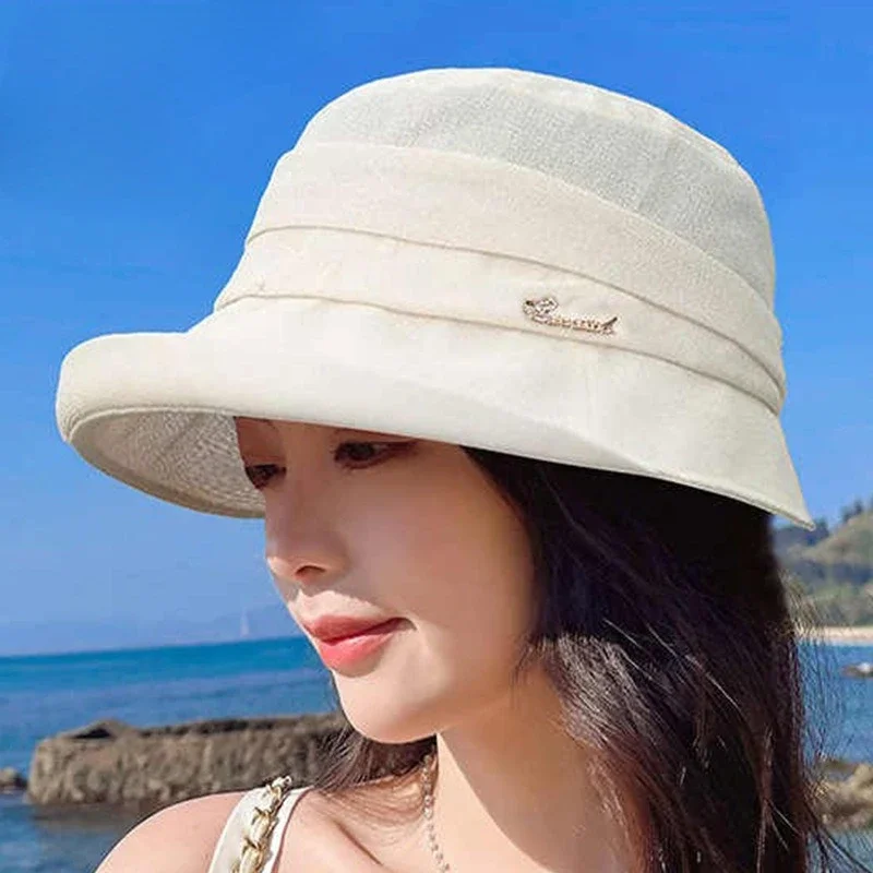 Womens Wide-Brim Linen Breathable Sun-Hat Travel Beach-Hat UV Protection Bucket Hat for Outdoor
