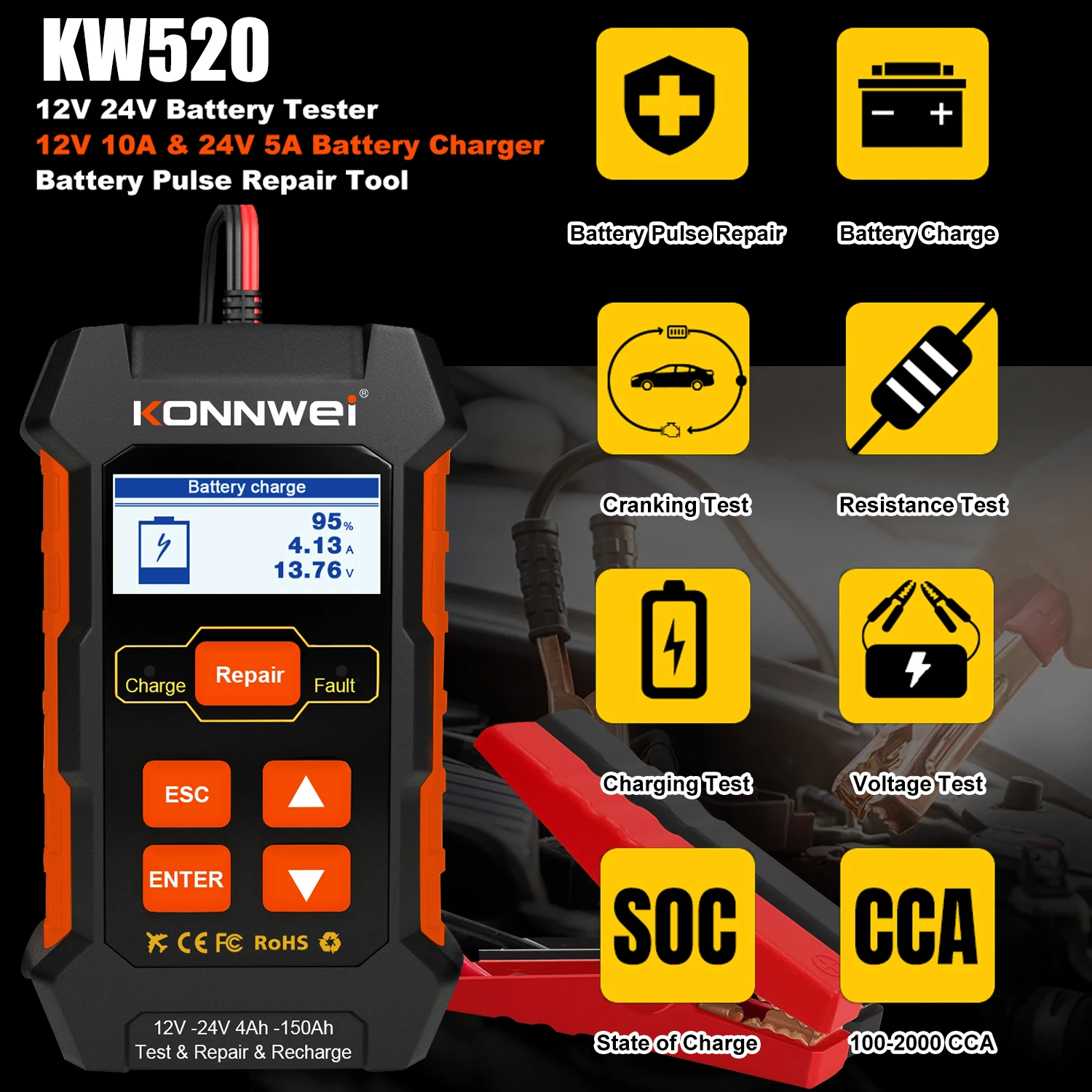 

KONNWEI KW520 Automatic 12V 10A 24V 5A Car Truck Battery Tester Charger Lead Acid Car Battery Pulse Repair Tool AGM Gel Lithium