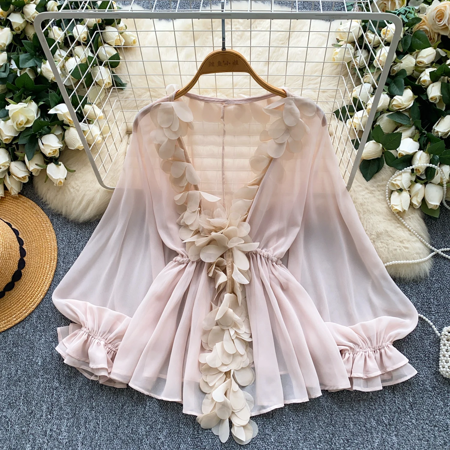 

Elegant sexy lantern sleeve chiffon long sleeve Top Women Korean Fashion High Street Autumn Clothing