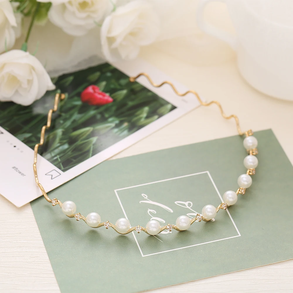 Layered Pearl Crystal Rhinestone Metal Headbands for Women Girl Fashion Wave Crown Head Hoop Headwear Hairband Hair Accessories