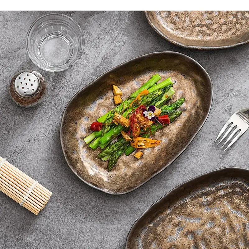 Retro Rust Glazed Ceramic Deep Plate Irregular Steak Salad Dessert Dish Sushi Restaurant Specialty Tableware