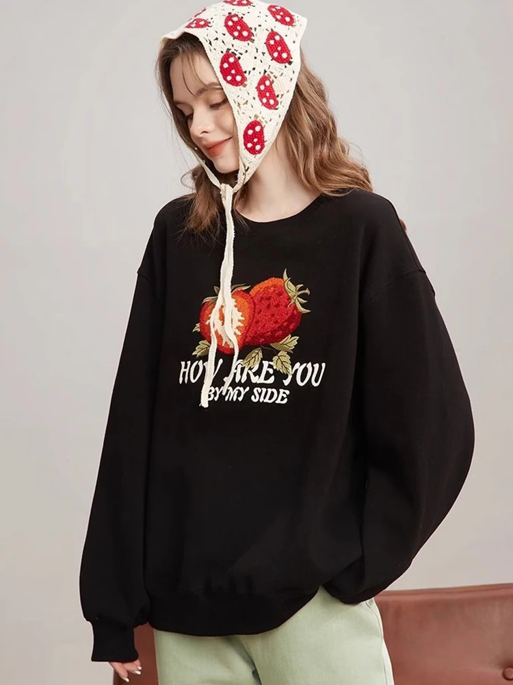 Jmprs Strawberry Women Pure Cotton Sweatshirts Oversize Loose American Retro Pullovers Casual Streetwear Female Vintage Y2K Tops